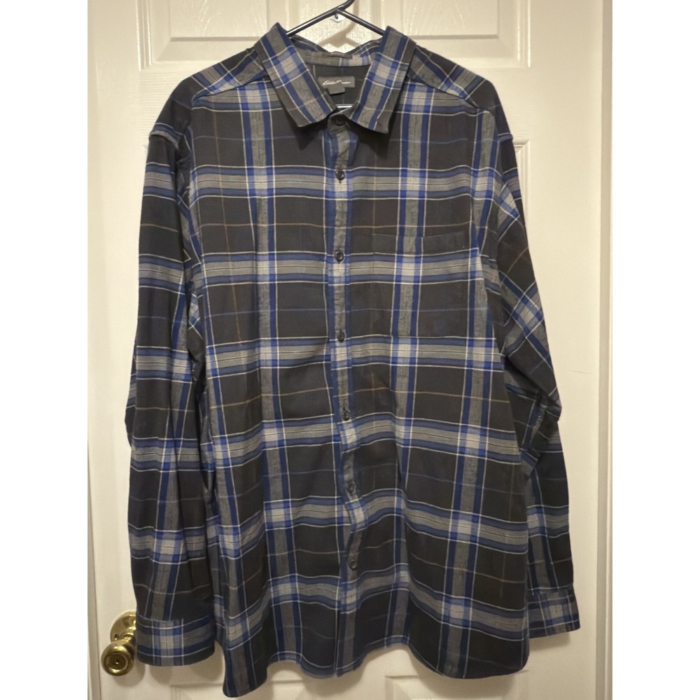 Eddie Bauer Relaxed Fit Blue Plaid Flannel Shirt XXL 2XL Long Sleeve 100% Cotton